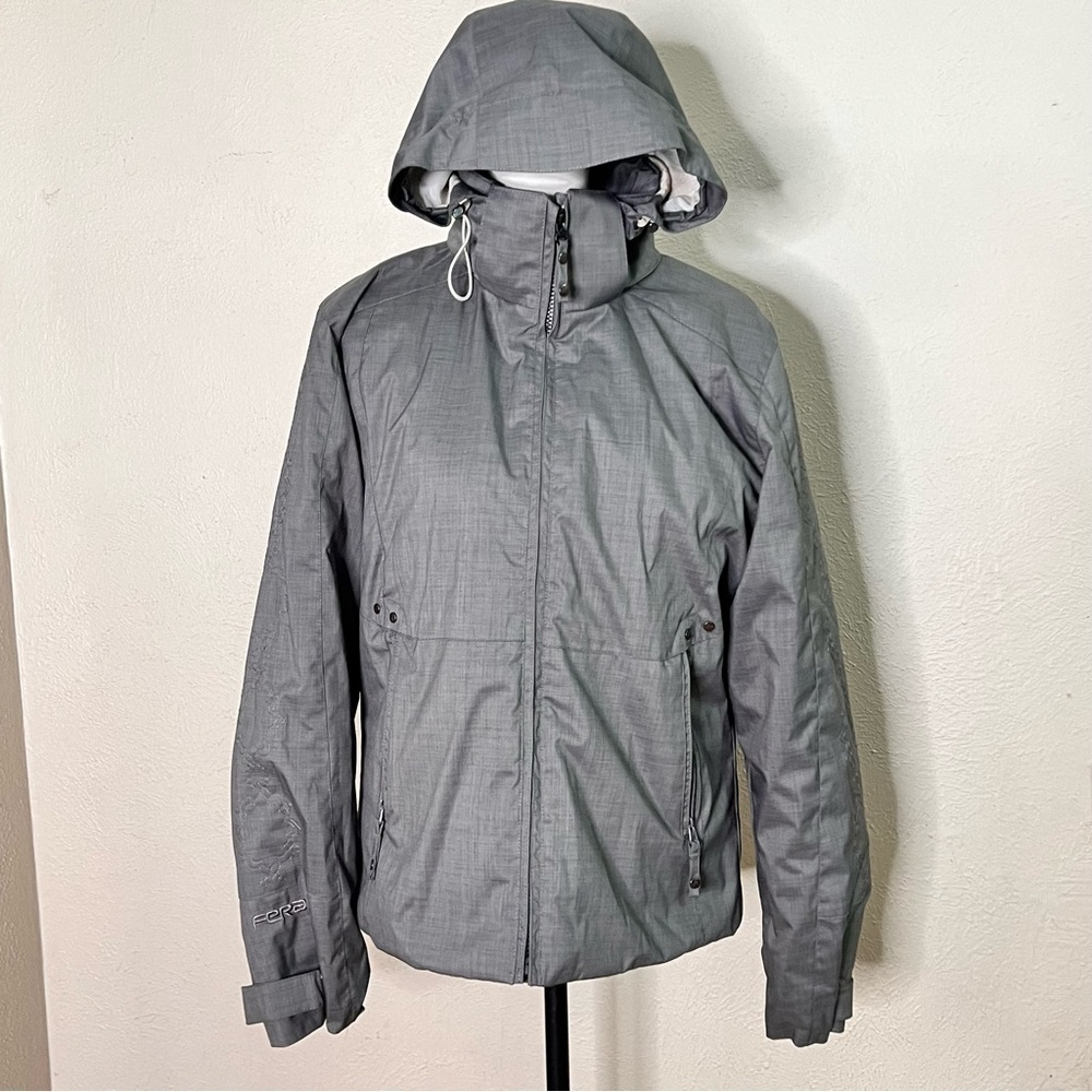 Fera gray hooded ski jacket with embroidered sleeves